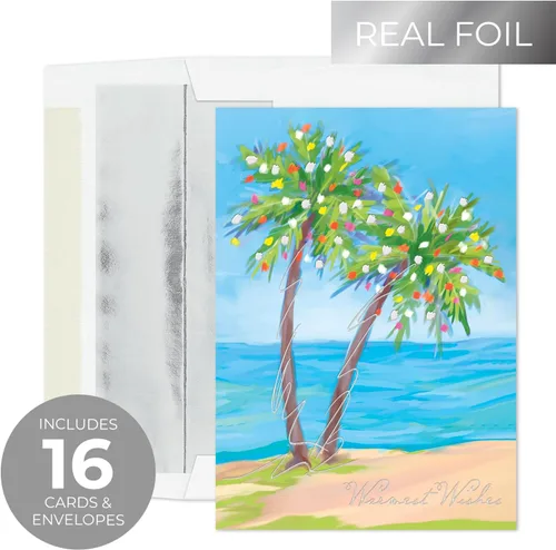 Miniatura 2 de Masterpiece - Tarjetas navideñas de palmeras festivas / 16 tarjetas navideñas de deseos más cálidos de invierno en caja con detalles plateados