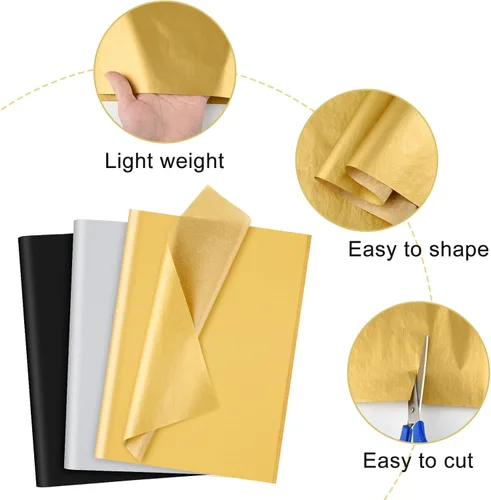 Miniatura 4 de NEBURORA 60 hojas de papel de seda metálico negro dorado plateado a granel para bolsas de regalo, papel de arte para bricolaje, graduación