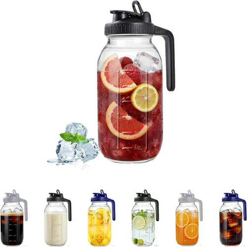 Miniatura 9 de Jarra de vidrio de 32 onzas, 2 unidades, con tapa, doble a prueba de fugas con asa, jarra de agua de boca ancha, jarra de leche materna, recipiente