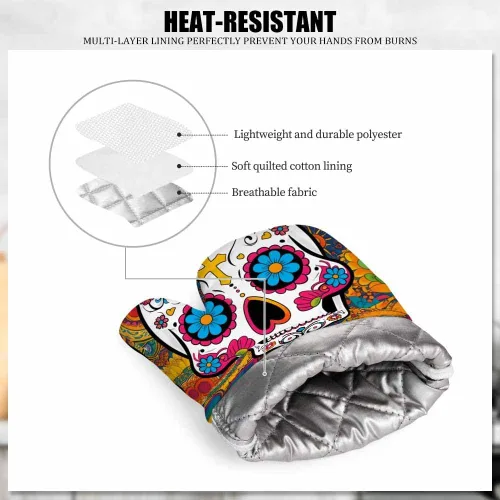 Miniatura 5 de Mxocom Art Floral Sugar Skull - Juego de guantes de silicona para horno y soportes para ollas, guantes de barbacoa para cocina, cocina, hornear