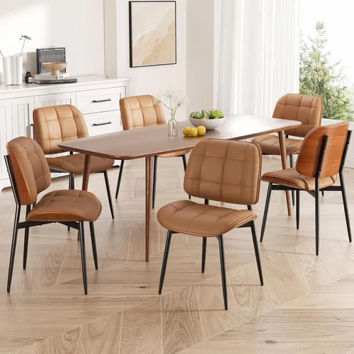 Miniatura 33 de Silla de comedor, moderna de mediados de siglo con cojín grueso, sillas de cocina tapizadas de piel sintética con respaldo de madera curvada de Beige