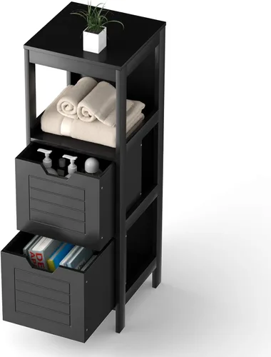 Miniatura 4 de Tangkula Armario de suelo de baño, torre de almacenamiento de madera estrecha con 2 cajones conmutables, almacenamiento lateral multifuncional