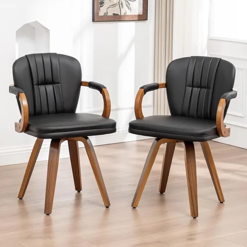 Miniatura 13 de Sillas de comedor giratorias de mediados de siglo, modernas sillas de cocina tapizadas de piel sintética negra con marco de madera curvada, sillas