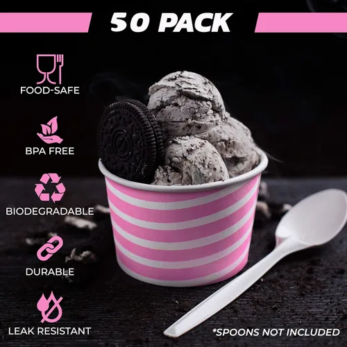Miniatura 4 de Barra de helado extra duradera con diseño de rayas rosadas, 8 onzas. Tazas/tazón de helado - Tazas perfectas para cumpleaños de niños y fiestas