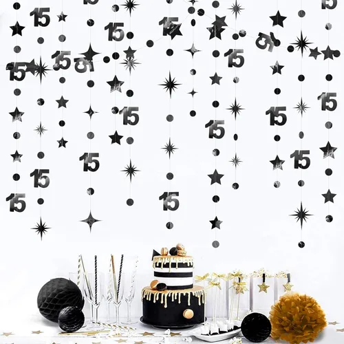 Decoraciones negras de cumpleaños número 15, guirnalda de estrellas centelleantes con el número 15, pancarta metálica para niñas y niños, vítores a