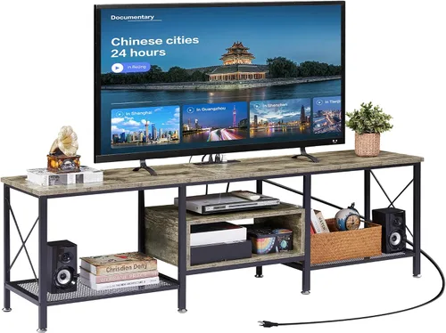 Miniatura 12 de VECELO Soporte de TV con tomas de corriente para centro de entretenimiento Industria Media de 65 pulgadas con estación de carga, estantes abiertos