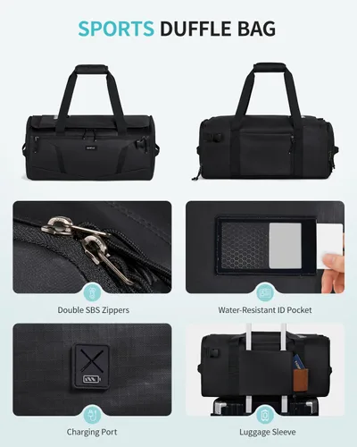 Miniatura 8 de ECOHUB Bolsa de gimnasio de 40 L para mujeres y hombres, resistente al agua, bolsa de lona deportiva con compartimento para zapatos y bolsillo