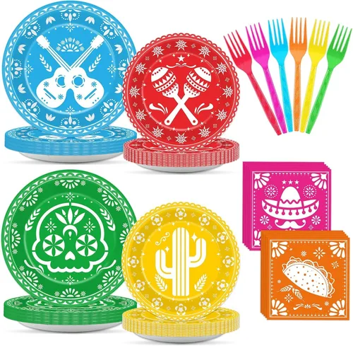 96 piezas de vajilla de fiesta mexicana 5 de mayo, suministros de fiesta para 24 invitados, platos desechables de papel picado, servilletas para