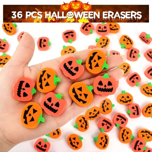 Miniatura 7 de HFATMOS - 36 borradores de calabaza de Halloween a granel, mini borradores para aula, tareas, recompensas escolares, premios de estudiantes