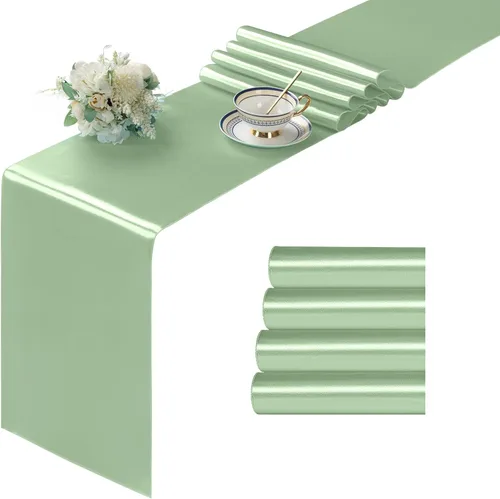Miniatura 28 de Manyshofu 24 Piezas Caminos de Mesa de Satén Plateado – Tamaño Largo de 12 x 108 Pulgadas, Decoración de Camino de Mesa para Fiestas Brillante