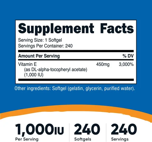 Miniatura 2 de Nutricost Vitamina E 1,000 UI (450 mg) 240 cápsulas blandas - Sin OMG, sin gluten