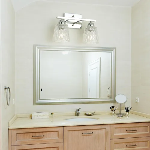Miniatura 2 de Mecgirn Lámpara de tocador de baño de acero inoxidable sobre espejo, 2 lámparas de baño cromadas pulidas con pantallas de vidrio texturizado, Cromo