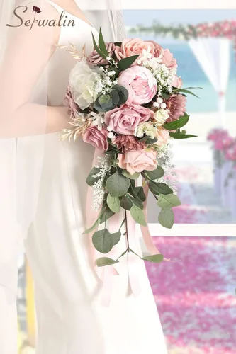 Miniatura 2 de Serwalin Ramos de boda de 9.8 pulgadas para novia y dama de honor, peonías rosa empolvado, ramos de flores de novia para boda, ramo de lanzamiento