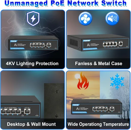Miniatura 7 de Switch PoE Gigabit 4 puertos con 1 puerto 1000 Mbps Uplink, TEROW, 65W, alimentación incorporada, cumple con la actualización 802.3af/at Vlan