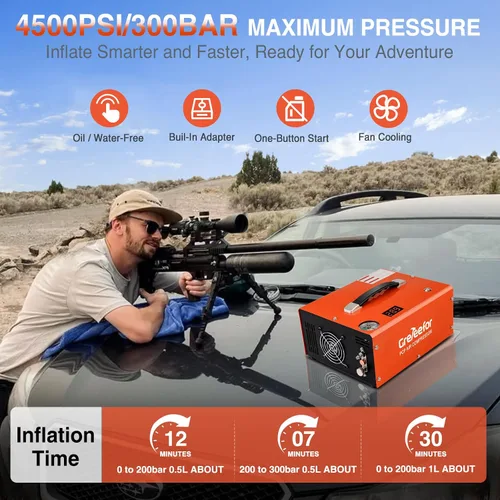 Miniatura 3 de Compresor de aire PCP 4500PSI/30MPA, bomba de llenado rápido sin aceite de 350W con apagado automático, alimentación dual 12V DC y 110V/220V AC