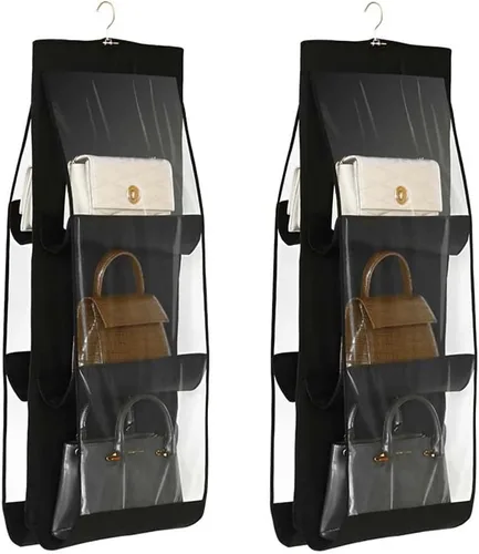 Miniatura 3 de Paquete de 2 organizadores para colgar bolsos, tela no tejida gruesa + bolsillos de PVC, organizador para colgar bolsos, organizador de Negro+Gris
