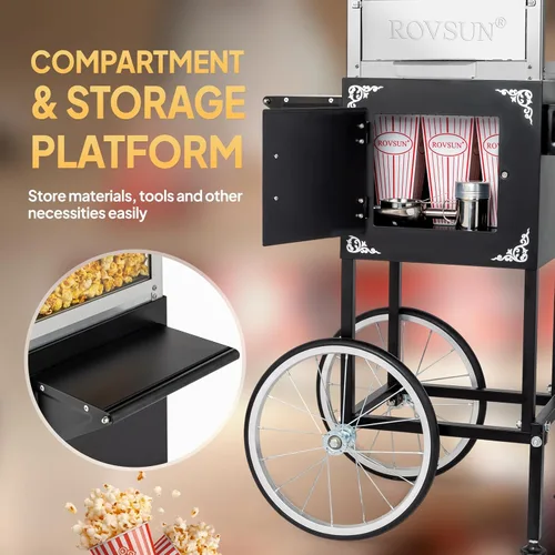 Miniatura 3 de Máquina de palomitas de maíz ROVSUN estilo cine con carrito y ruedas, hervidor de 10 onzas, hace hasta 4 galones, con cuchara para palomitas, Negro