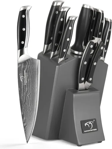 Conjunto de cuchillos de cocina Damasco con bloque - Acero VG10 de 67 capas de afilado al ras, mangos con triple remache, cuchillos de chef, Gris