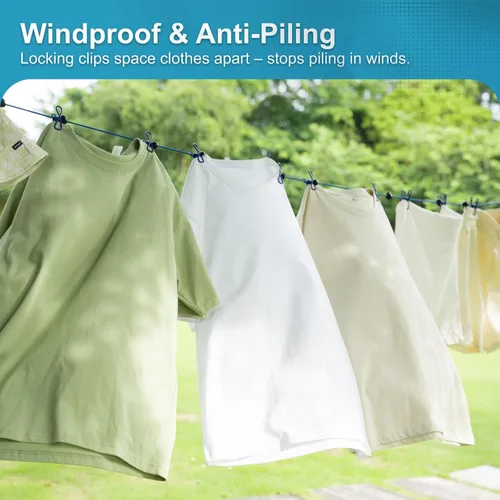 Miniatura 6 de Paquete de 2 tendederos portátiles retráctiles, línea de ropa resistente al viento para acampar al aire libre, viajes, secado de ropa con 12 clips