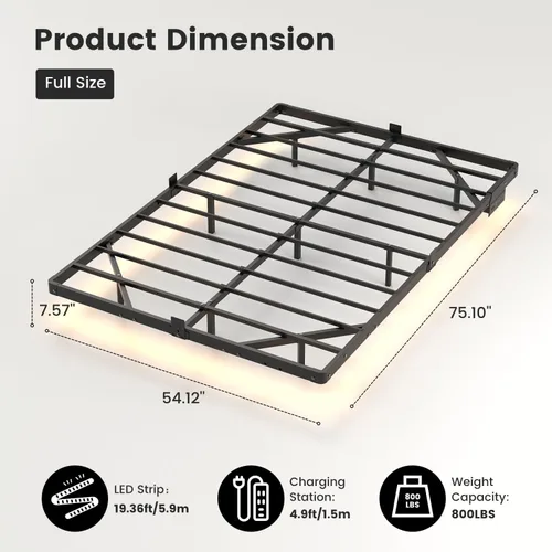 Miniatura 2 de Liians Marco de cama flotante moderno de tamaño completo con luces LED inteligentes, estación de carga USB, plataforma de metal resistente,