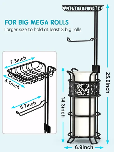 Miniatura 6 de Soporte de papel higiénico con estante, dispensador de rollos de papel higiénico de pie, con capacidad para 3 grandes rollos de papel jumbo mega