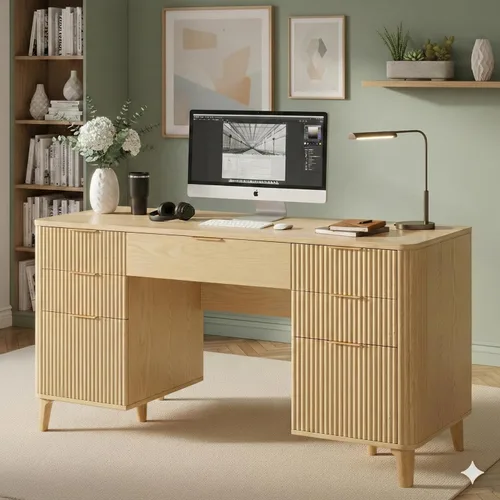Miniatura 5 de Escritorio de madera con cajones, escritorio ejecutivo acanalado de 55 pulgadas con armario de almacenamiento, escritorio de madera para oficina