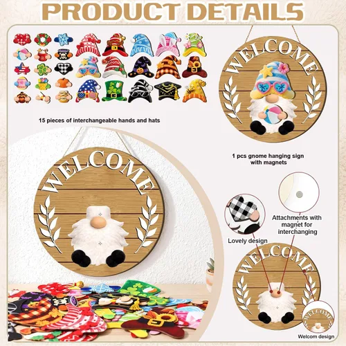 Miniatura 3 de Qunclay 31 piezas 3D de grano natural intercambiable de madera gnomo para puerta, decoraciones navideñas de gnomo con piezas magnéticas y sombreros