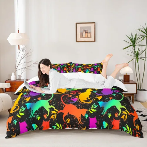 Miniatura 29 de Juego de funda de edredón para niños con diseño de gato negro, tamaño individual, juego de ropa de cama de animales lindos con burbujas de baño