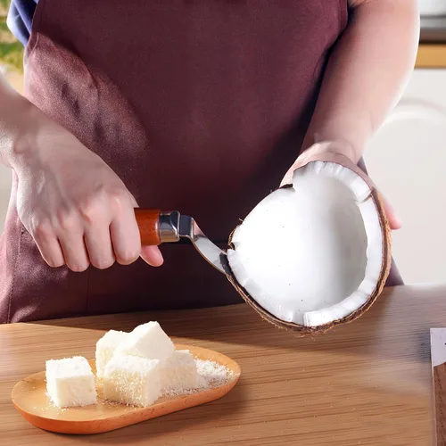 Miniatura 2 de DOITOOL Herramienta de eliminación de carne de coco cuchillo raspador de coco fresco de acero inoxidable con mango ergonómico de madera