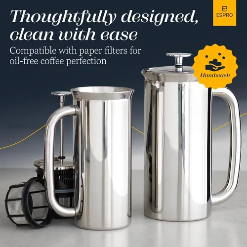 Miniatura 10 de ESPRO P7 Prensa Francesa Pulida de Acero Inoxidable 304 – Cafetera de Prensa Francesa con Micro-Filtro de Doble Pared Patentado y Aislamiento, Acero
