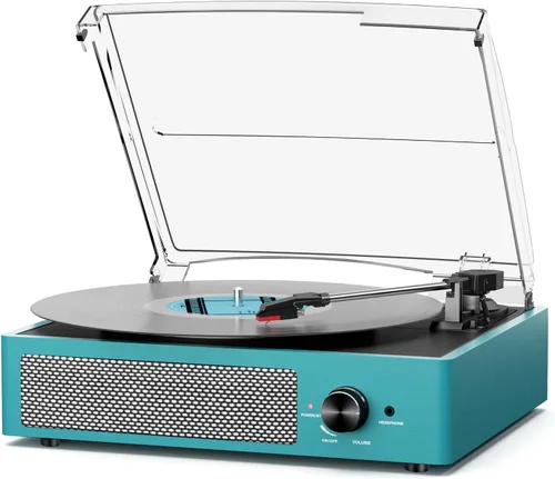 Miniatura 17 de Tocadiscos de vinilo con receptor Bluetooth integrado y 2 altavoces estéreo, 3 velocidades y 3 tamaños, tocadiscos retro portátil para Naranja