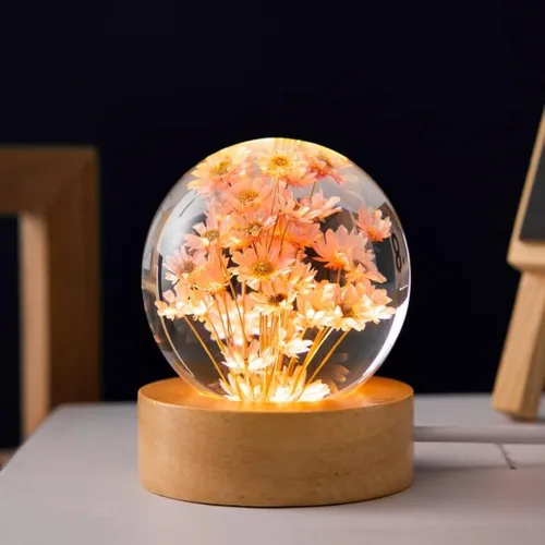 Miniatura 6 de Luz nocturna de bola de cristal de flores, lámpara de noche de bola de vidrio de 2.4 pulgadas con base de madera (diente de león)
