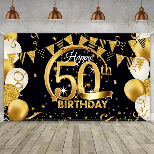 Cartel decorativo extragrande para fiesta de cumpleaños, de tela color negro y dorado, fondo para sesión de fotos de aniversario, mide 185 x 110 cm