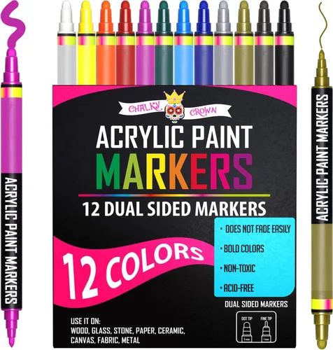 Marcadores de pintura acrílica de doble punta (paquete de 12) – Marcadores acrílicos para rocas – Bolígrafos de pintura acrílica audaz punta fina y