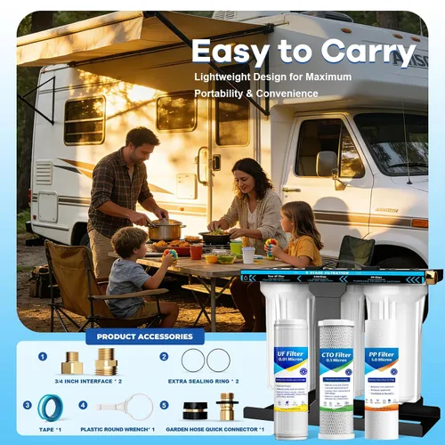 Miniatura 4 de Sistema de filtro de agua para RV, sistema de filtración de agua de 5 capas y 3 etapas, conectores rápidos de manguera sin plomo, filtros de 0.01