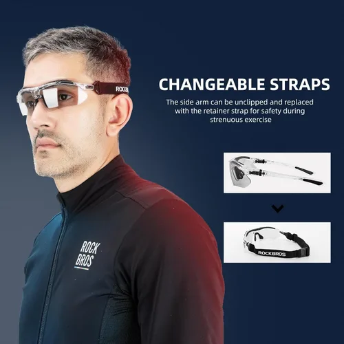 Miniatura 4 de ROCKBROS Photochromic Sports Sunglasses Mens Pickleball Glasses Cycling Glasses MTB Sunglasses, with Removable Elasctic Band Gris