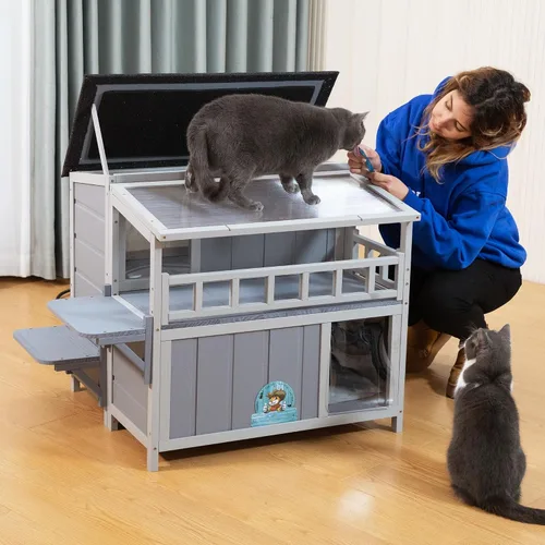 Miniatura 7 de Refugio para gatos de madera cálida de 2 niveles con techo de luz solar, casa para gatos al aire libre, balcón, plataformas de salto, recinto