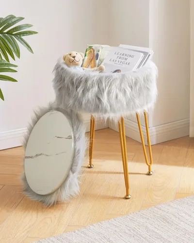 Miniatura 2 de IBUYKE Taburete de Vanidad Redondo de Piel Sintética con Almacenamiento, Silla Otomana de Maquillaje Peluda, Asiento Acolchado Suave, Reposapiés