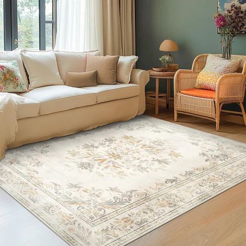 Miniatura 165 de Jinchan Fiora - Alfombra redonda de 8 pies, alfombras vintage con diseño floral envejecido, lavable a máquina, antideslizante, de pelo bajo, Azul