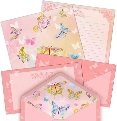 Anzon Mories Juego de papelería de 72 piezas (48 hojas de papel y 24 sobres) de 8.5 x 11 pulgadas, letras gruesas de acuarela rosa para niñas, papel