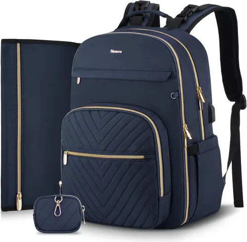 Miniatura 13 de MOMUVO Mochila para pañales, bolsa de bebé acolchada con cambiador, correas para cochecito y funda para chupete, bolsas de pañales de viaje grandes