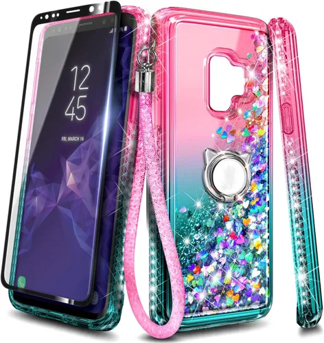 Miniatura 7 de Funda para Samsung Galaxy S9 con protector de pantalla (cobertura máxima, película de TPU flexible), soporte de anillo/correa de muñeca, líquido que