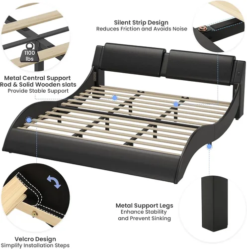 Miniatura 9 de DICTAC Base de cama King con puertos de carga y cabecero, base de cama de plataforma tamaño King con luces LED onduladas como curvas, soporte