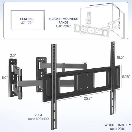 Miniatura 4 de VIVO Soporte de pared para TV de esquina para pantallas planas LCD LED de plasma de 37 a 70 pulgadas, soporte articulado de movimiento completo