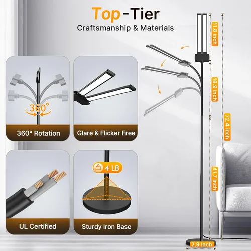 Miniatura 4 de Syrinx Lámpara de Pie LED, Lámparas de Pie de Doble Cabezal con Cuello de Ganso para Sala de Estar con Interruptor de Gestos y Control Remoto