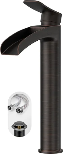 Miniatura 14 de Phiestina Grifo Alto de Lavabo Vessel para Baño Negro Mate, Cascada de Un Solo Orificio con Una Sola Manija para Lavabo Sobre Encimera, con Desagüe