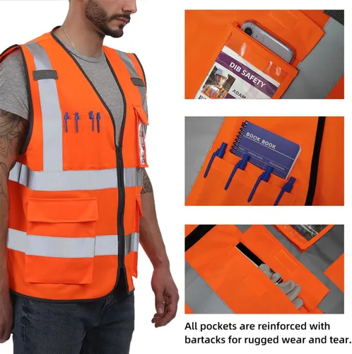 Miniatura 3 de Dib Safety - Chaleco reflectante ANSI clase 2, chaleco de alta visibilidad con bolsillos y cremallera, ideal para trabajo en construcción, alta