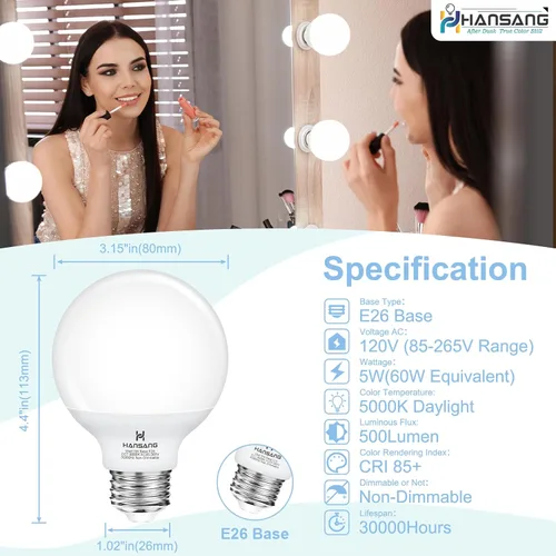 Miniatura 2 de Bombillas LED G25, equivalente a 60 W, baño de luz diurna de 5000 K, base E26, redonda de tocador amigable con los ojos, perfecta para espejo
