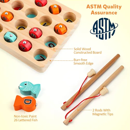 Miniatura 6 de Coogam Juego de Pesca Magnética de Madera, Juguete de Habilidad Motora Fina, Rompecabezas de Clasificación de Colores del Alfabeto ABC, Jugueto