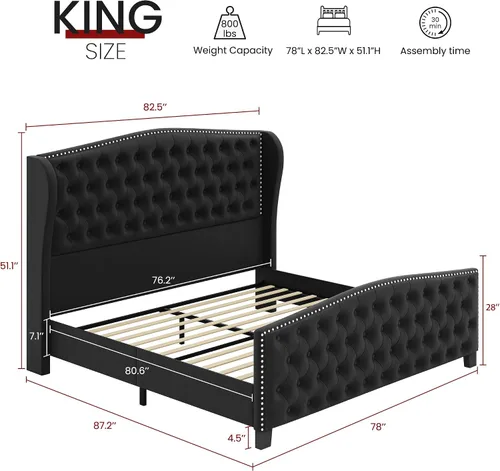 Miniatura 2 de BRELTAM Marco de cama tapizado tamaño Queen en terciopelo color beige con cabecera y pie de cama acolchados con botones profundos y soporte